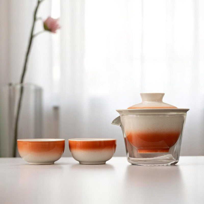6-Piece Gaiwan Set with Embroidered Case & Gradient Glaze Options
