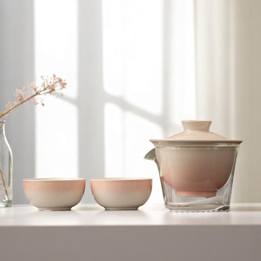 6-Piece Gaiwan Set with Embroidered Case & Gradient Glaze Options