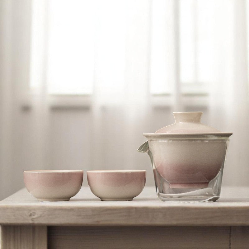 6-Piece Gaiwan Set with Embroidered Case & Gradient Glaze Options