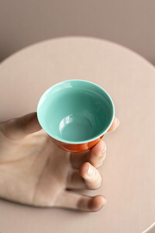 Top view of celadon-glazed interior inside 50ml gongfu teacup