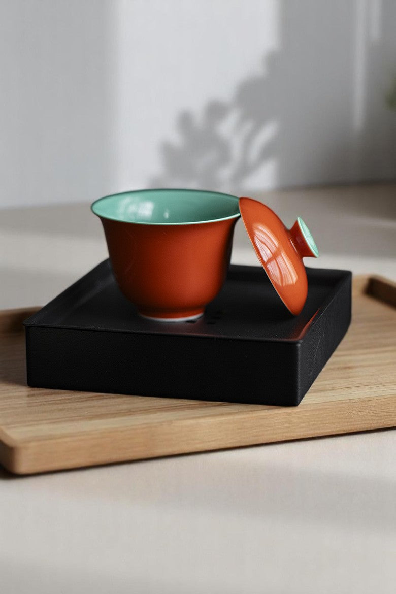 Glossy glazed teabowl with saucer, Chinese tea gift aesthetic
