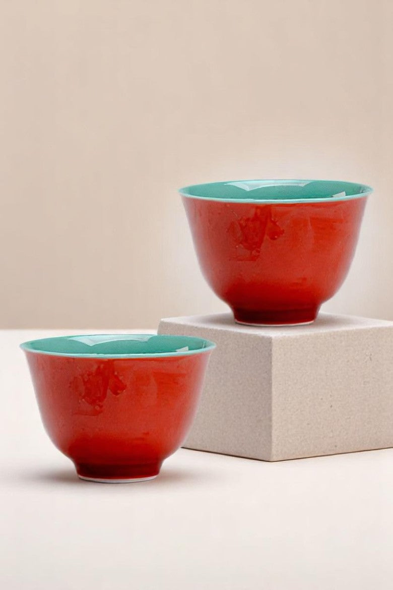 Set of two burnt orange teacups for gongfu tea or wedding gift