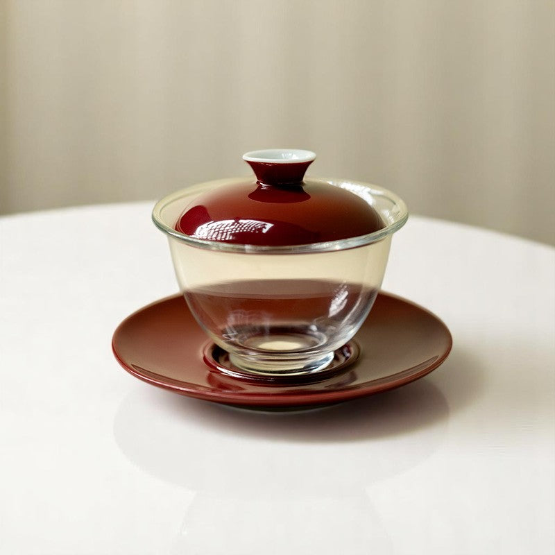 Cinnabar Red Glass Gaiwan with ceramic lid and saucer