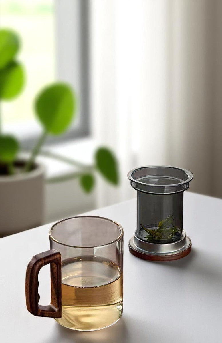 Smoked glass tea mug with walnut lid, glass infuser, and cup body