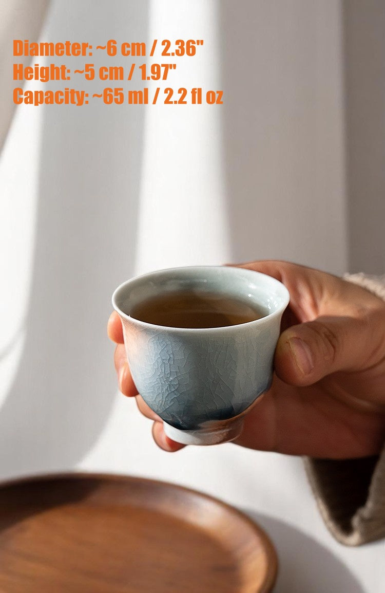 and holding salt-fired teacup with icy crackle and sunset tone, 65ml