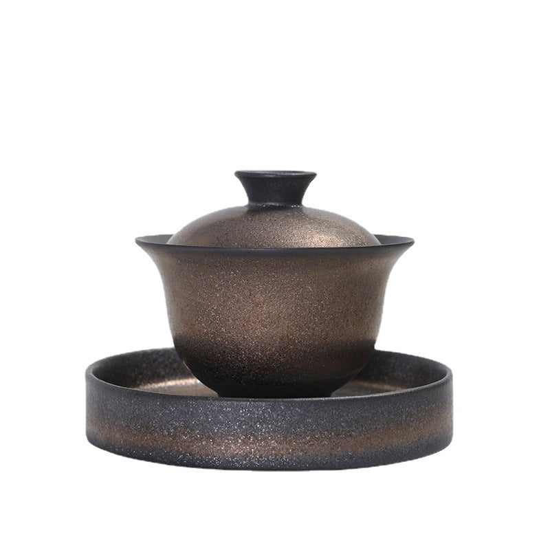 Iron-rust glaze gaiwan with lid and matching wide saucer, 130ml