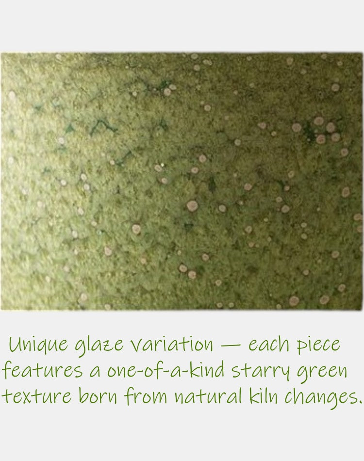 Close-up of mossy celadon glaze and wabi-sabi surface variation