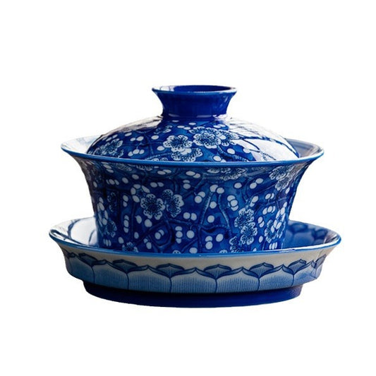 Blue and white porcelain gaiwan with plum blossom pattern, 115ml