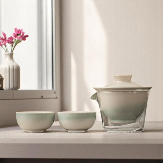 6-Piece Gaiwan Set with Embroidered Case & Gradient Glaze Options