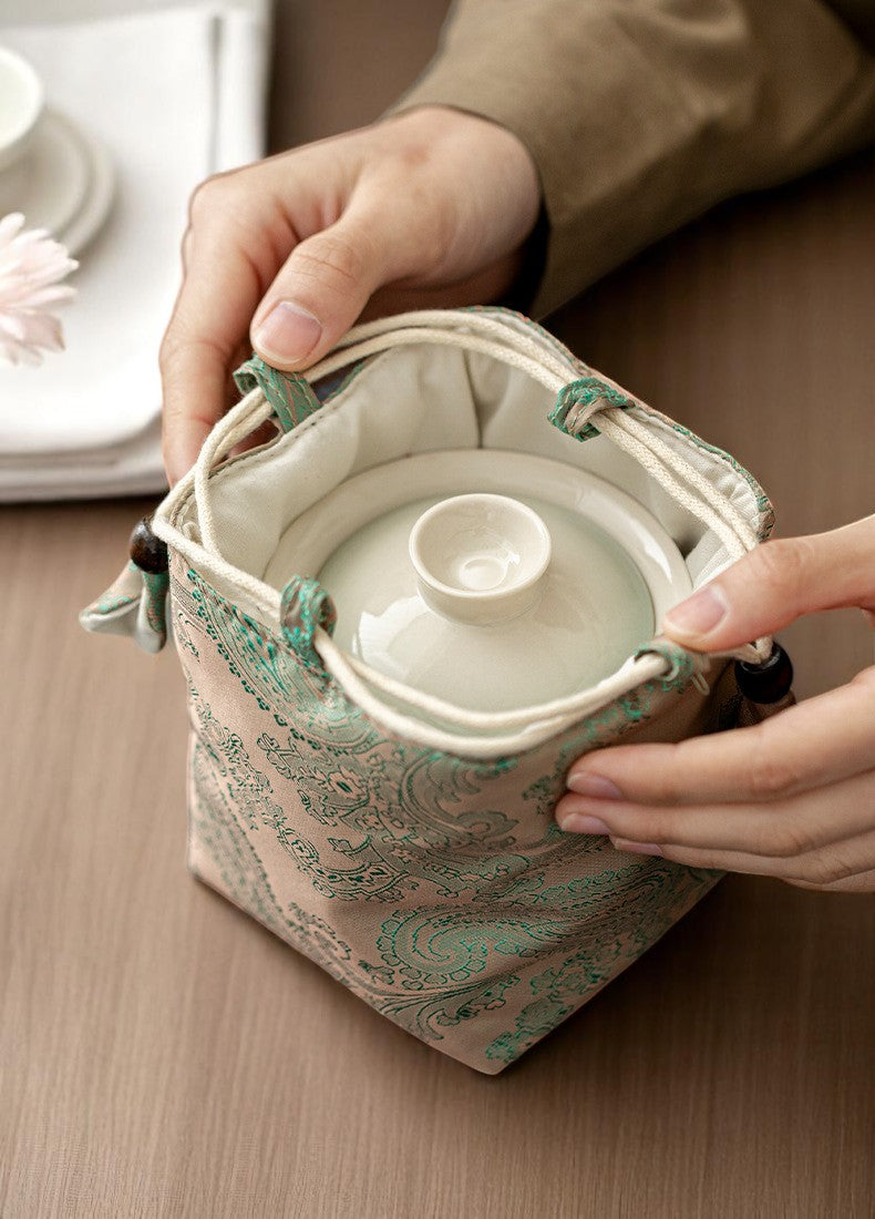 6-Piece Gaiwan Set with Embroidered Case & Gradient Glaze Options