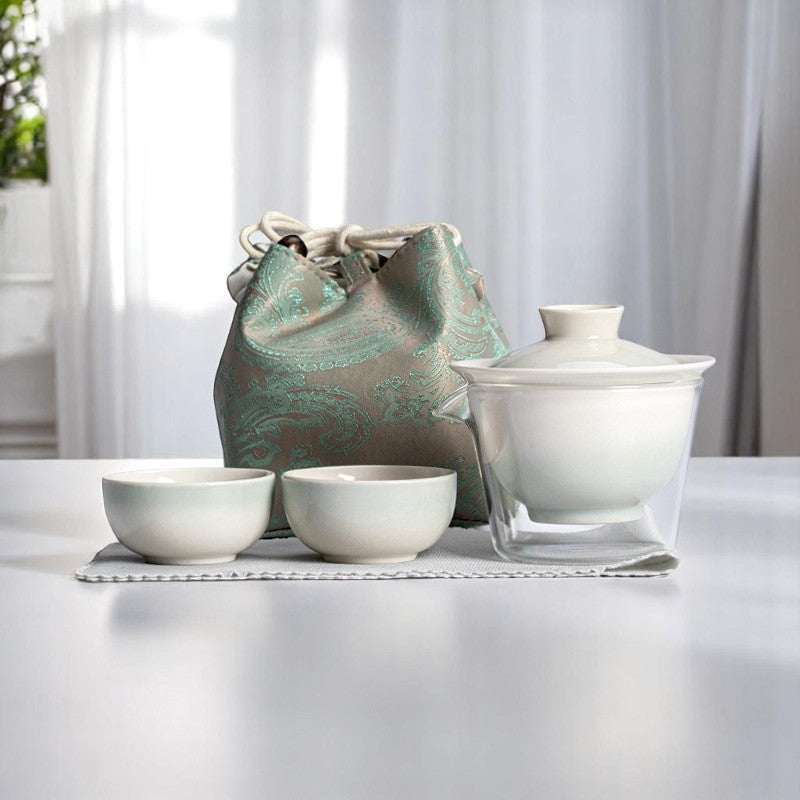 6-Piece Gaiwan Set with Embroidered Case & Gradient Glaze Options