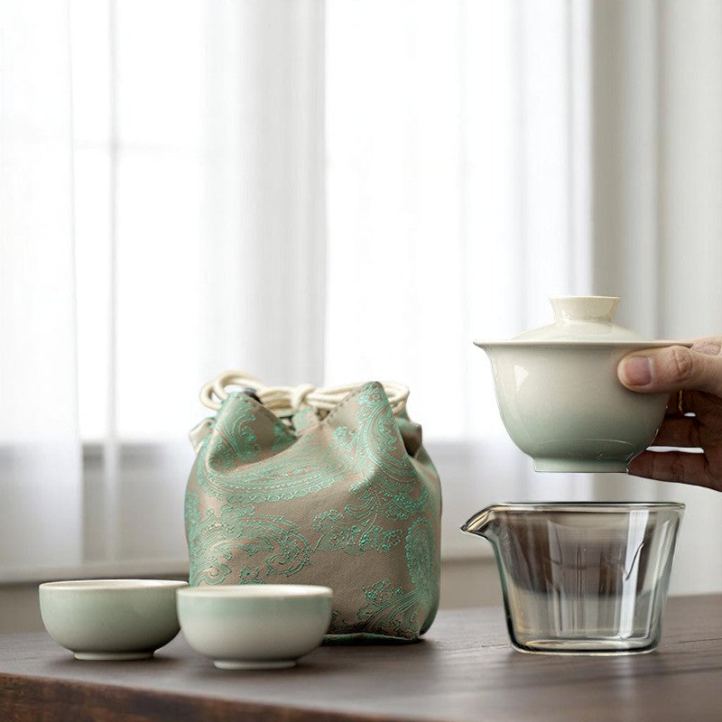 6-Piece Gaiwan Set with Embroidered Case & Gradient Glaze Options