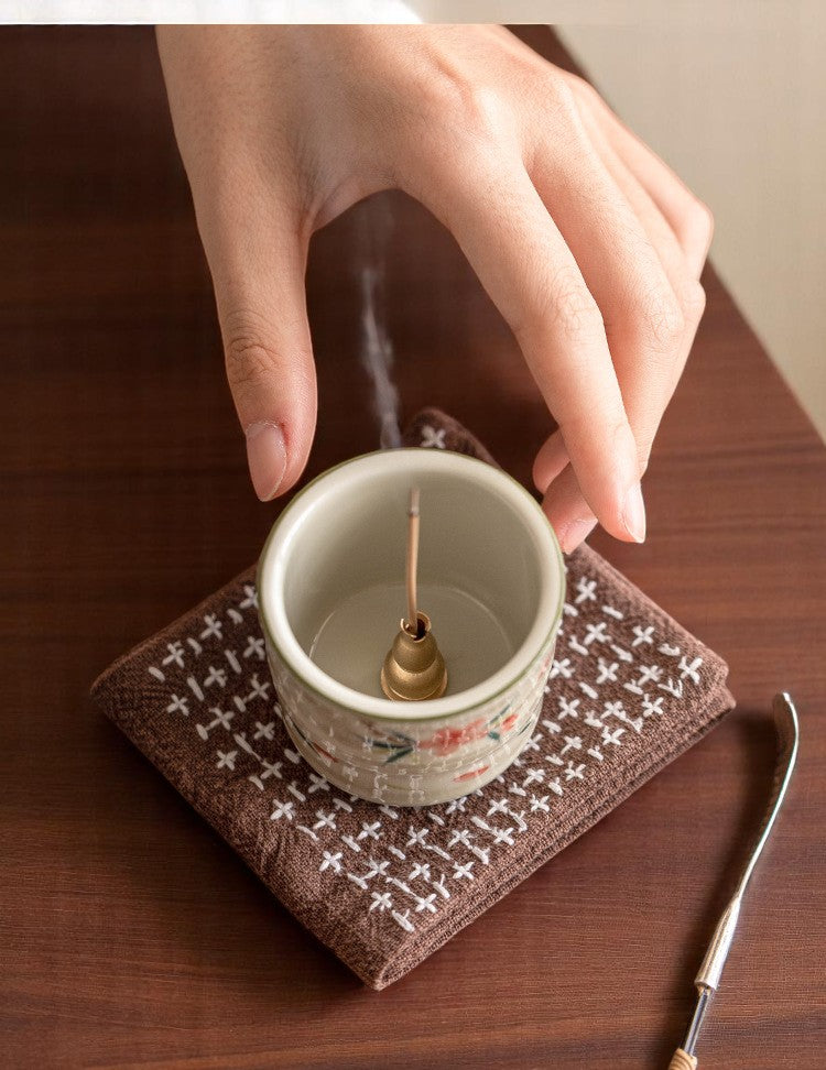 topview of Tripod Incense Burner with Peach Blossom Motif & Brass Holder