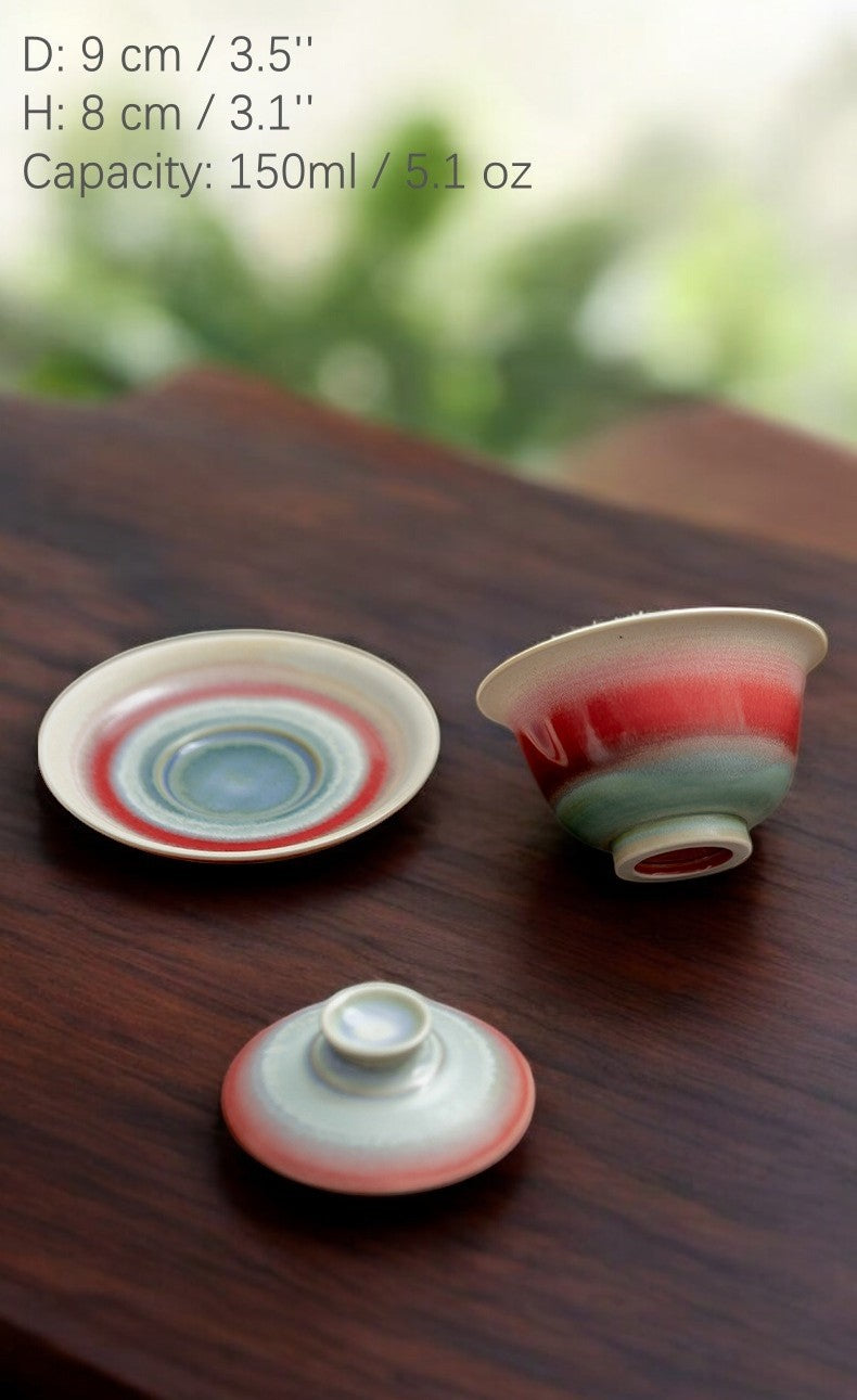 Bottom view of tea bowl showing swirl of glacier blue and crimson tones