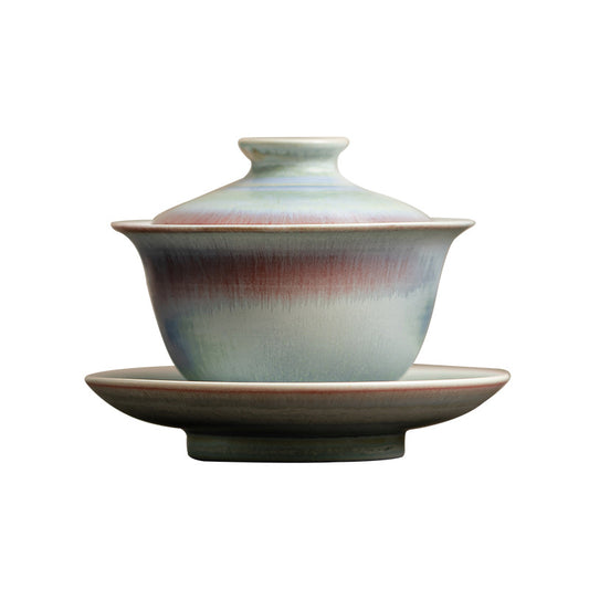 Aurora-inspired gaiwan with soft blue and blush glaze, 150ml porcelain