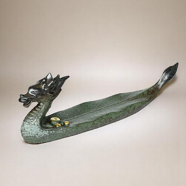 Main image showing the full dragon boat incense holder with rustic green glaze