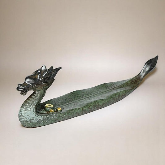 Main image showing the full dragon boat incense holder with rustic green glaze