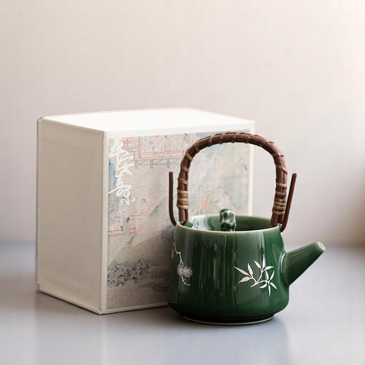 Forest Green Ceramic Teapot with Bamboo Handle and Gift Box