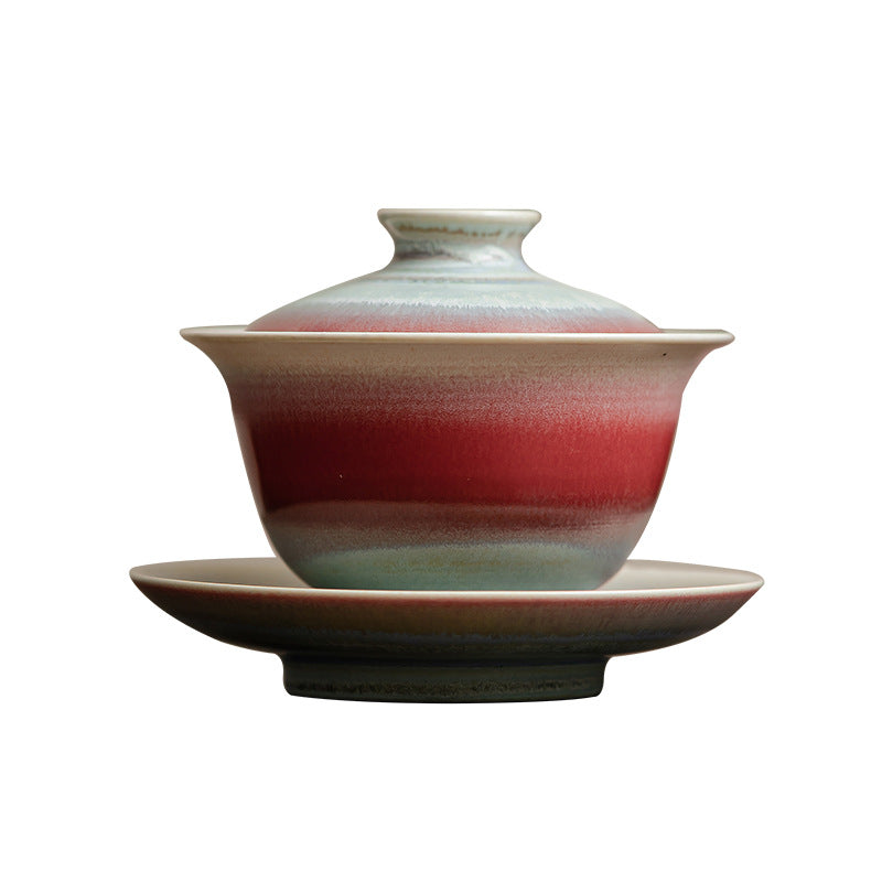 150ml gaiwan with fiery red and jade green glaze, aurora-inspired design