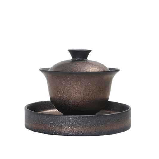 Iron-rust glaze gaiwan with lid and matching wide saucer, 130ml