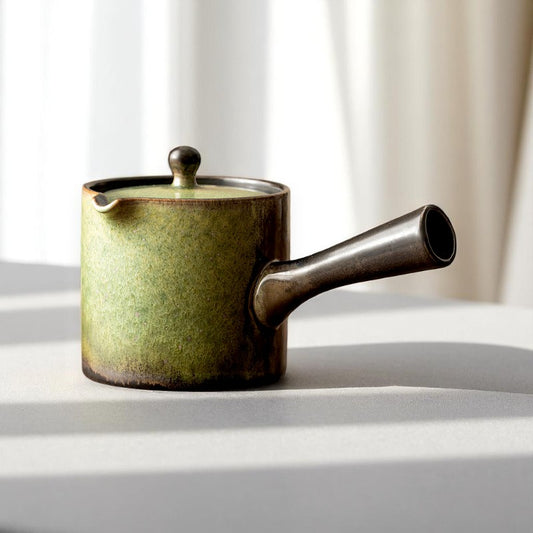 Mossy green yokode kyusu teapot with side handle and celadon glaze