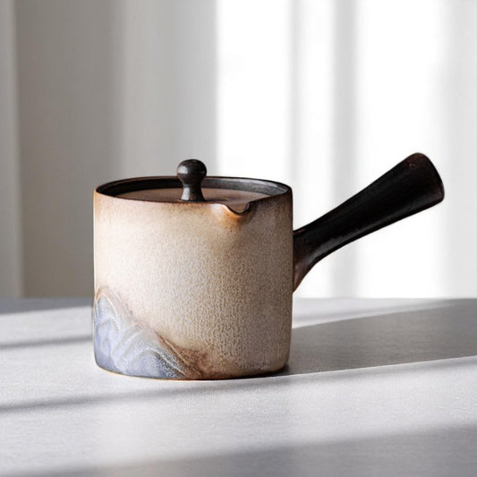 Mountain-glazed kyusu teapot with side handle in wabi-sabi style
