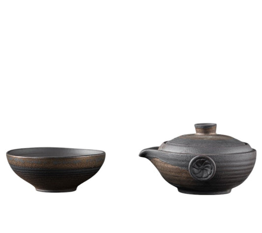 One-person teaware set with stoneware teapot and tea bowl, rustic style