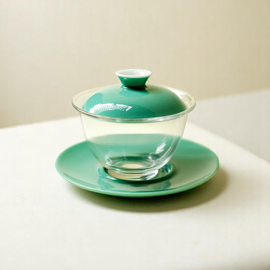 Verdigris Green Glass Gaiwan in Natural Light